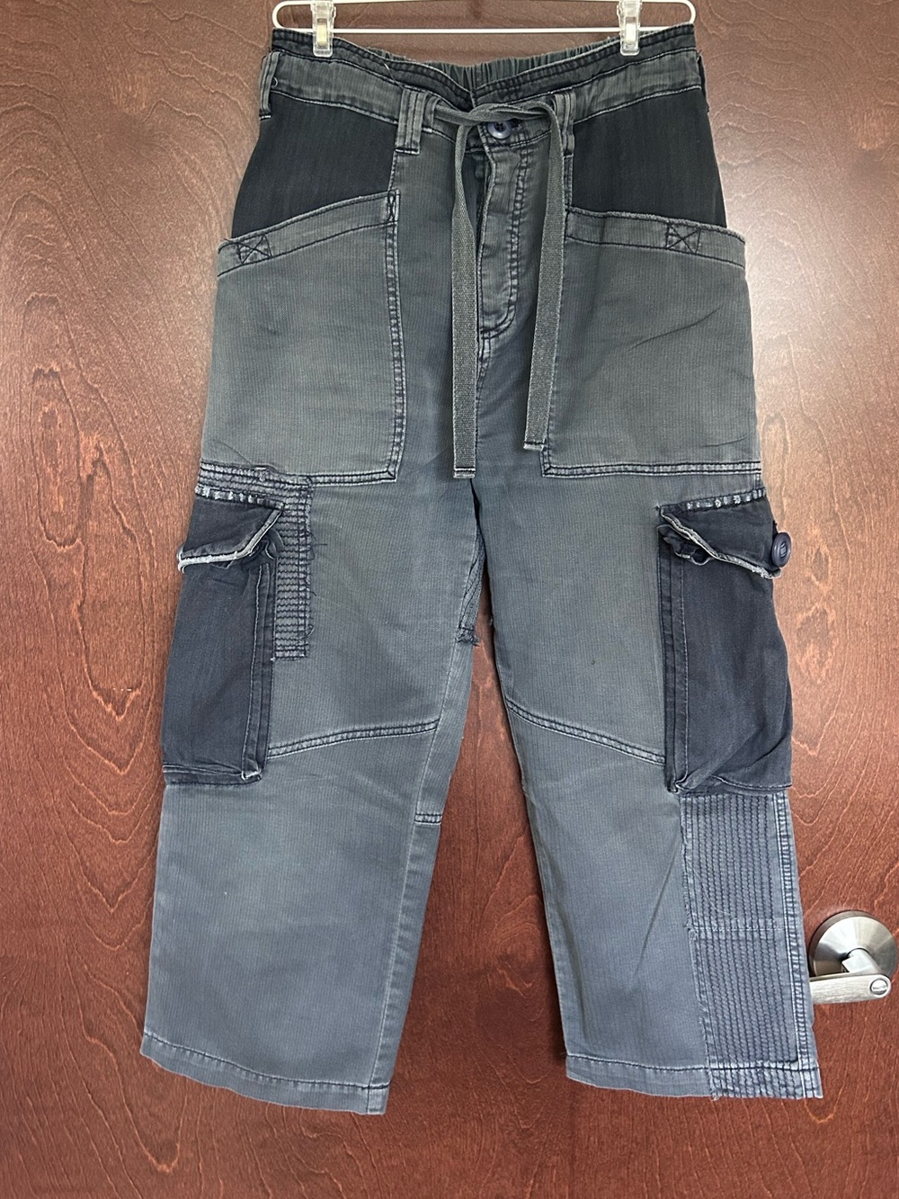 Free People Men's Patchwork Cargo Pants in Charcoal Black and Gray